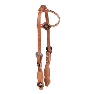 ONE EAR COPPER FLORAL BUCKLE W/DIAMOND CONCHO OILED WESTERN BRIDLE